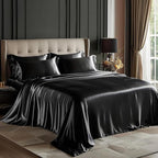 Love's cabin Satin King Sheet Sets - 4 Piece Black Silky Sheets King Size Bed Set with Deep Pocket, Luxury Silk Feel King Size Satin Sheet Set (1 Flat Sheet,1 Fitted Sheet,2 Pillow Cases)