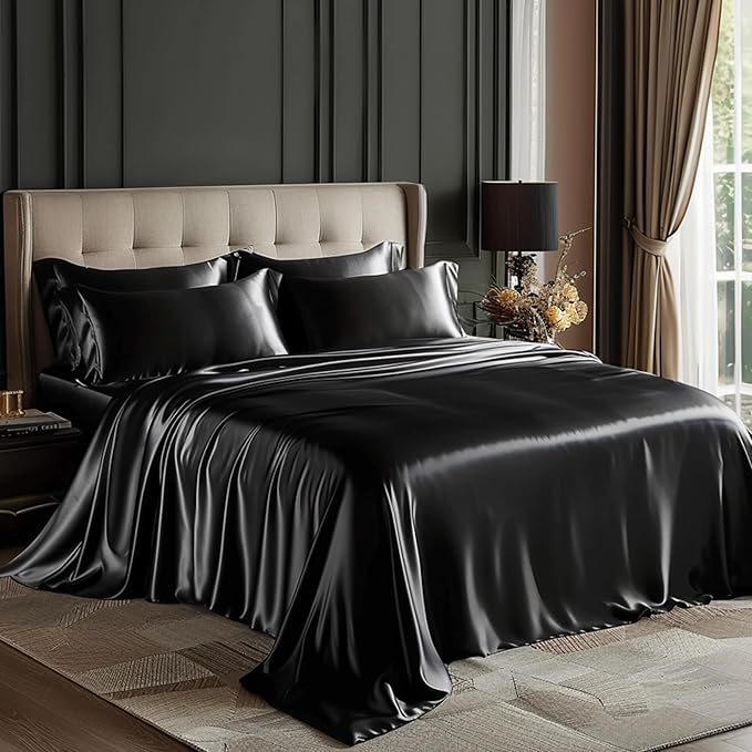 Love's cabin Twin XL Satin Sheet Sets - 3 Piece Black Silky Bed Sheets with Deep Pockets, Luxury Silk Feel Satin Sheet Set Twin XL (1 Flat Sheet,1 Fitted Sheet,1 Pillow case)