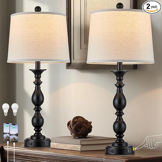 28" Tall Modern Table Lamps Set of 2 with USB C+A Ports and AC Outlet, 3 Way Touch Metal Bedside Lamps for Living Room, Black Farmhouse Nightstand Lamps for Bedroom