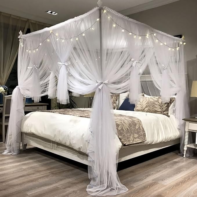 Joyreap 4 Corners Post Canopy Bed Curtain for Girls & Adults - Royal Luxurious Cozy Drape Netting - Cute Princess Bedroom Decoration Accessories (White, Twin)