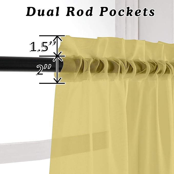 OVZME Mustard Yellow Half Window Sheer Curtains, Modern Top Dual Rod Pocket Light Filtering Voile Drapes for Small Window Cafe Sheer Curtains 2 Panels, 42W x 14L Inch