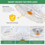 White Ceiling Fans with Lights and Remote - Low Profile Flush Mount Ceiling Fans - 13” Modern Bladeless Enclosed Ceiling Fans with Led Light and Stepless Dimming, White Small Ceiling Fan for Bedroom