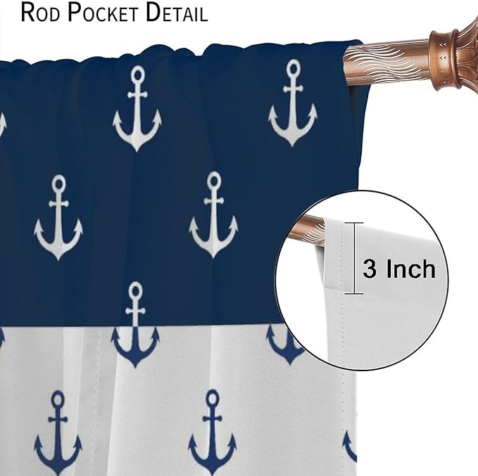 Anchor Pattern Curtains, Nautical Theme Navy Blue White Anchor Sea Life Adventure Print Blackout Window Treatments for Living Room Boys Men's Bedroom 52x84in