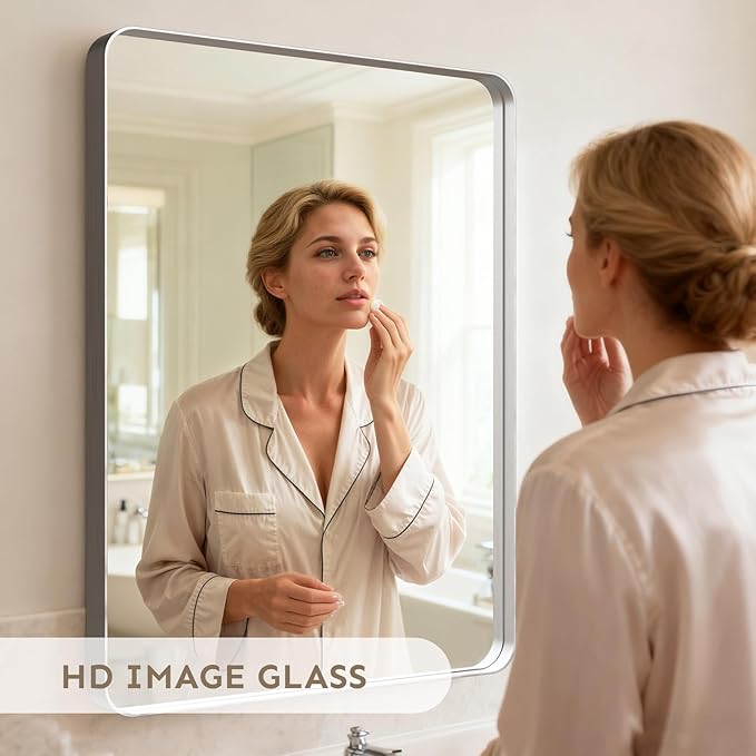 30x22"Bathroom Vanity Mirror for Wall, Aluminum Framed, Farmhouse Rectangle, Anti-Rust, HD Reflection Anti-Desilvering, Distortion Free, Tempered and Shatter-Proof Wall Mounted Mirror, Silver
