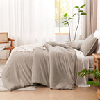 Litanika Light Coffee Comforter Full Size, 3 Pieces Lightweight Solid Bedding Set, All Season Fluffy Bed Set (79x90In Comforter & 2 Pillowcases)