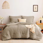 CozyLux Queen Comforter Set Taupe Seersucker 7 Pieces Bed in a Bag Queen Comforter Set with Sheets, Luxury Soft Bedding Set with Down Alternative Comforter, Sheets, Pillowcases & Shams for All Seasons