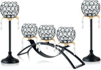 Set of 3 Gold Crystal Tea Light Candlestick Holders Flower Shape with Crystal Pendant Bowl Votive Metal Candle Holder for Table Centerpieces Wedding Home Decor (Set of 3, Black+Gold)