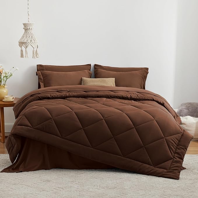 Love's cabin King Size Comforter Set Brown, 7 Pieces King Bed in a Bag, All Season Bedding Sets with 1 Comforter, 1 Flat Sheet, 1 Fitted Sheet, 2 Pillowcase and 2 Pillow Sham