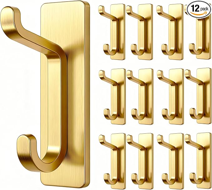 pickpiff Wall Hooks for Coat and Towel: 13LB Adhesive Door Hanger Stick on, Brushed Gold