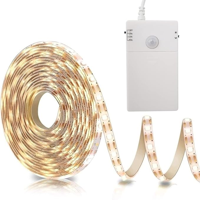 echosari Battery Operated Motion Sensor Cabinet Strip Lights, 9.8Ft 90 LED Under Cabinet Lights, Motion & Night Sensor Safe Tape Light for Stairs Wardrobe Kitchen (Warm White)