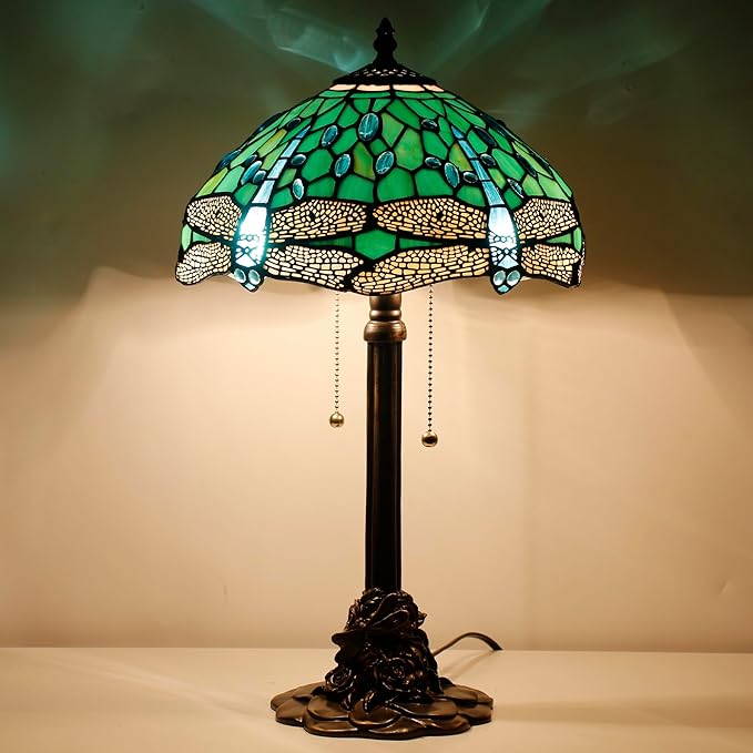 Tiffany Stained Glass Table Lamp 12X12X21Inch Resin Base Desk Bedroom Living Room Reading Light (Green Dragonfly)