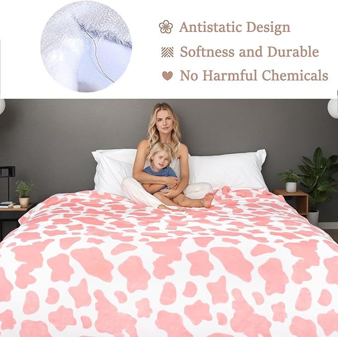 Fleece Cow Print Blanket Queen Size for All Season - Premium Lightweight Anti-Static Super Soft Cozy Plush Cow Blankets for Queen/Full Bed,90" x 90"(Pink Cow)