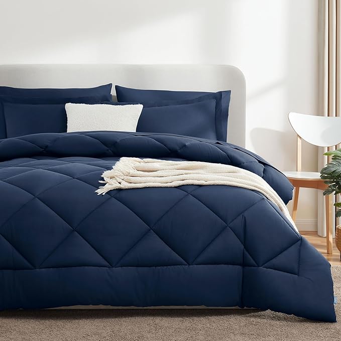CozyLux Queen Comforter Set Navy Blue - Bed in a Bag Queen Size 7 Pieces, Luxury Soft Bed Set for All Seasons, Bedding Set with Down Alternative Comforter, Sheets, Pillowcases & Shams
