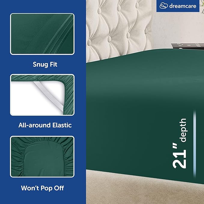 DREAMCARE King Size Sheets Set – 6 pcs Cooling Bed Sheets – up to 21” Deep Pocket King Sheet Set – 2500 Supreme Collection – Extra Soft 100% Brushed Microfiber Hotel Luxury with Side Pocket – E Green