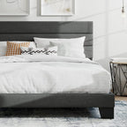 SHA CERLIN King Platform Bed Frame with Upholstered Fabric Headboard, Mattress Foundation with Strong Wooden Slats Support, No Box Spring Needed, Grey