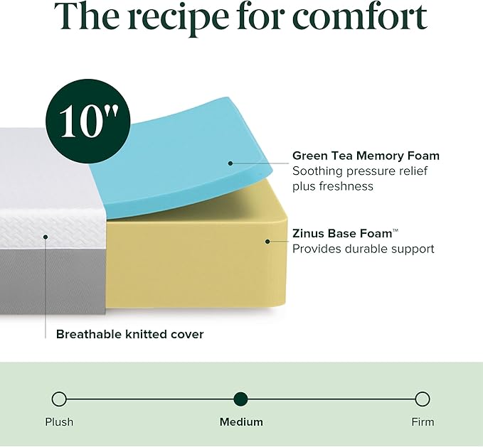 ZINUS 10 Inch Green Tea Essential Memory Foam Mattress [New Version], Twin, Fiberglass Free, Medium Feel, Breathable Airflow Memory Foam, Certified Safe Foams & Fabric, Mattress in A Box
