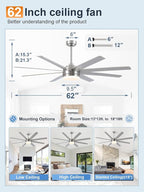 YUHAO 62 Inch Brushed Nickel Ceiling Fan with Light and Remote Control.Noiseless,Dimmable,3CCT,6 Speeds Reversible, DC Ceiling Fans for Indoor or Covered Outdoor