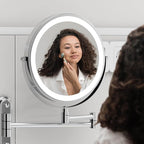 Rocollos Two-Fingers-Width Narrow Base Rechargeable Wall Mounted Lighted Makeup Mirror,3 Color Lights Dimmable Touch Screen,8 Inch LED Double Sided 1X/10X Magnifying Mirror (Polishing Chrome)