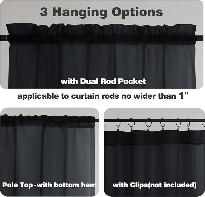 Chyhomenyc Sheer Black Valances for Windows 2 Pack, Small Window Curtains for Living Room Bathroom Cafe Laundry Basement, Modern Top Dual Rod Pocket Voile Curtain, 42W x 18L inches, Black