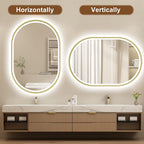 S'bagno Oval-Led-Bathroom-Mirror with Golden Frame Dimmable Brightness, Lghted-Bathroom-Mirror with Defogger, Touch-Buttons, Lights Color Changing, Vertical and Horizontal