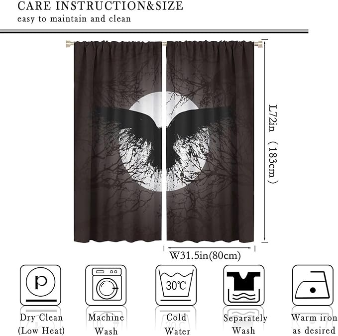 Cool Raven Print Curtains for Bedroom - Vintage Nordic Viking Theme Dead Tree Crow Full Moon Window Treatment,Energy Saving Thermal Insulated Rod Pocket Bedroom Blackout Curtains 2 Panels 72L x 31.5W