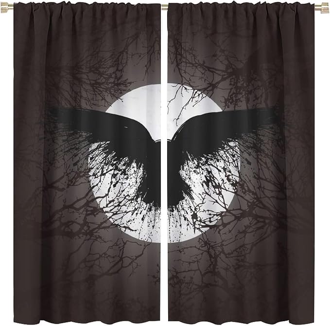 Cool Raven Print Curtains - Vintage Nordic Viking Theme Dead Tree Crow Full Moon Thermal Insulated Blackout Curtains - Rod Pocket Window Treatment Drapes for Bedroom 2 Panels 84L x 42W
