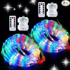 JMEXSUSS 2 Pack Christmas Lights Battery Operated Rope Lights Outdoor Waterproof Total 200LED 8 Modes Battery Powered String Lights with Remote for Car Trampoline Tree Christmas Decor (Multicolor)