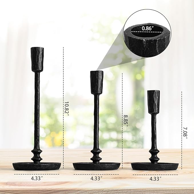 Rustic Cast Iron Taper Candle Holder - Set of 3 Vintage Candle Stands, Candlestick Holders for Wedding, Dining, Party Décor (Black)