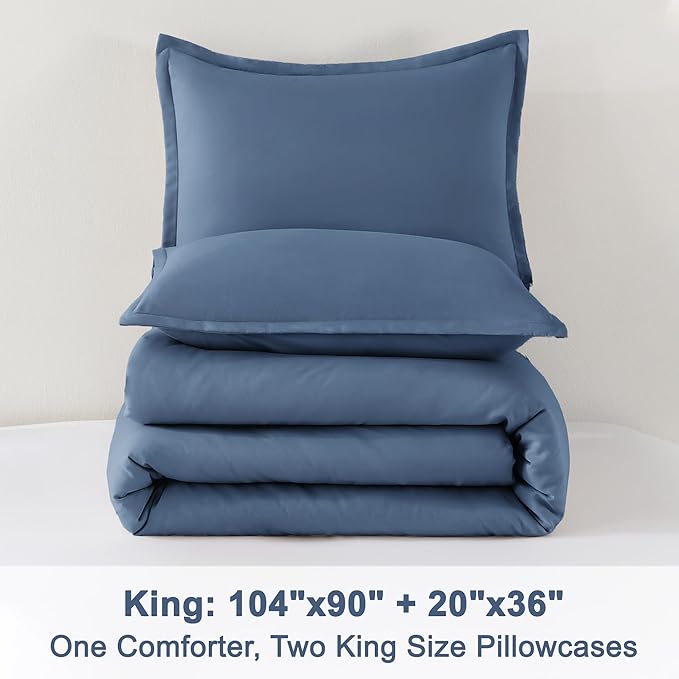 Litanika Haze Blue Comforter King Size, 3 Pieces Lightweight Solid Bedding Comforter Set, All Season Fluffy Bed Set (104x90In Comforter & 2 Pillowcases)