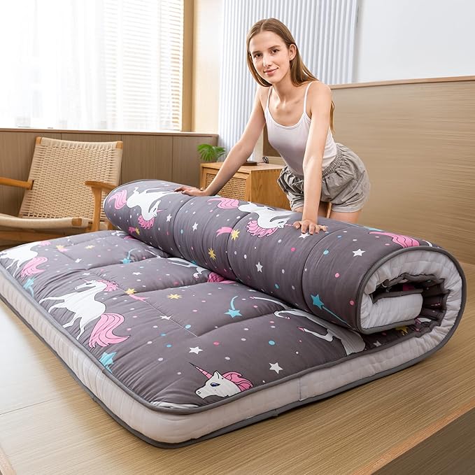 MAXYOYO Unicorn Pattern Futon Mattress, Padded Japanese Floor Mattress Quilted Bed Mattress Topper, Extra Thick Folding Sleeping Pad Breathable Floor Lounger Guest Bed for Camping Couch, Grey, Queen