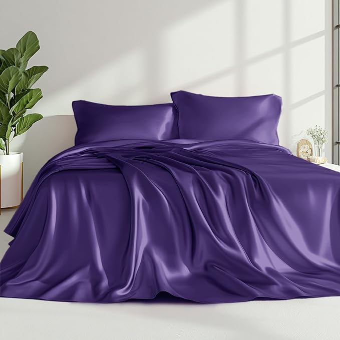 Love's cabin Full Size Satin Sheet Sets - 4 Piece Purple Silky Sheet Set Full with Deep Pocket, Luxury Silk Feel Bed Sheets Full Bedding Set (1 Flat Sheet,1 Fitted Sheet,2 Pillow Cases)
