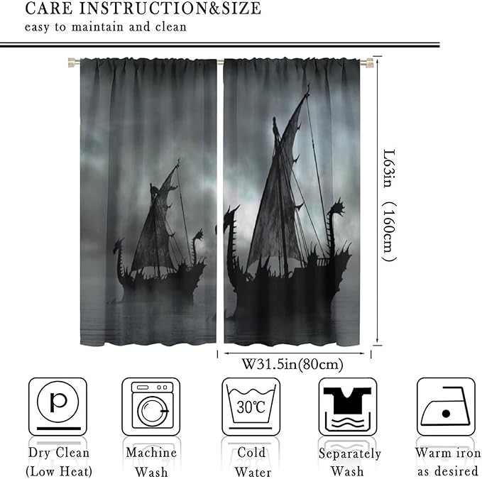 Viking Ship Blackout Curtains,Gloomy Misty Lake Landscape Fantasy Black White Color Sailing Dragon Boat Window Drapes for Boys Girls Bedroom Living Room,Norse Decor 63x63in