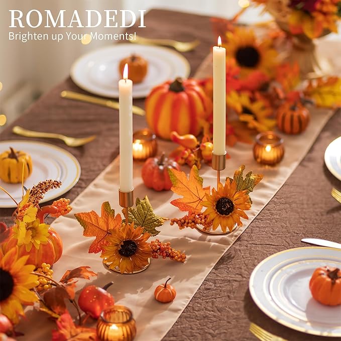 Romadedi Fall Candle Holder for Thanksgiving: Candlestick Holders Decor for Autumn Table Centerpiece Gold Party Decoration Indoor Kitchen Dining Fireplace Mantel Sunflower Maple Leaves Set of 4