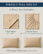 LANE LINEN 100% Organic Cotton Bed Sheets Full Size, Fully Elasticized Reinforsed Seams in Fitted Pocket, Machine Washable Naturally Cooling Full Sheet Deep Pocket Bedding- Linen