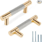 Knurled Cabinet Pulls 12 Pack, 3.5 Inch Long Cabinet Handles Metal Door Pulls, Kitchen Drawer Pull Knurled Dresser Handles - 2 1/2" Hole to Hole, Grey & Gold