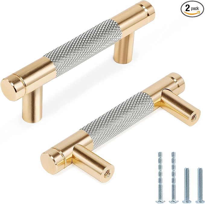 Knurled Cabinet Pulls 2 Pack, 3.5 Inch Long Cabinet Handles Metal Door Pulls, Kitchen Drawer Pull Knurled Dresser Handles - 2 1/2" Hole to Hole, Grey & Gold