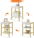 HOOBRO End Table with Charging Station and USB Ports, 3-Tier Nightstand with Adjustable Shelves, Small Side Table for Small Space in Living Room, Bedroom and Balcony, White and Gold DW112BZ01G1
