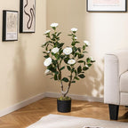 GOFLAME 3FT Artificial Camellia Tree, Faux Camellia Plant with White Flowers, Solid Wood Trunk, Realistic Moss, Greenery Potted Decoration Tree for Indoor Outdoor Home Porch Front Door