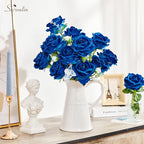 Serwalin 20pcs Artificial Roses, 4'' Big Flower Head, Blue Velvet Roses, Silk Fake Roses Long Stem Bouquet for and Wedding Arrangements Table Centerpiece