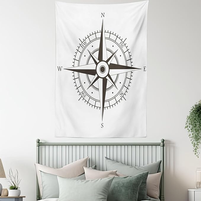 Ambesonne Compass Tapestry, Wind Rose Old Fashion Navigational Equipments Orienteering Illustration Print, Wall Hanging for Bedroom Living Room Dorm Decor, 40" X 60", Evergreen White