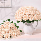 BLEUM CADE 50 Pcs Champagne Roses Artificial Flowers, Real Touch Velvet Roses Fake Flowers Bulk, Artificial Roses Bouquet with Long Stems Bridal DIY Wedding Party Centerpiece Decorations