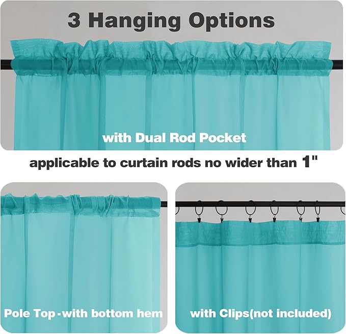 Chyhomenyc Turquoise Sheer Curtains 72 Inch Length 2 Panels, Light Filtering Soft Airy Rod Pocket Voile Window Curtain Drapes for French Door Bedroom Living Room, Each 42Wx72L Inches