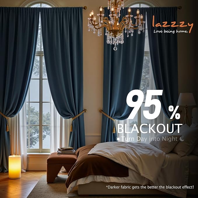 Lazzzy Velvet Blackout Curtains Thermal Insulated Room Window Drapes Super Soft Luxury Curtains for Living Room Bedroom Rod Pocket 2 Panels, Dark Slate, 62" W x 108" L
