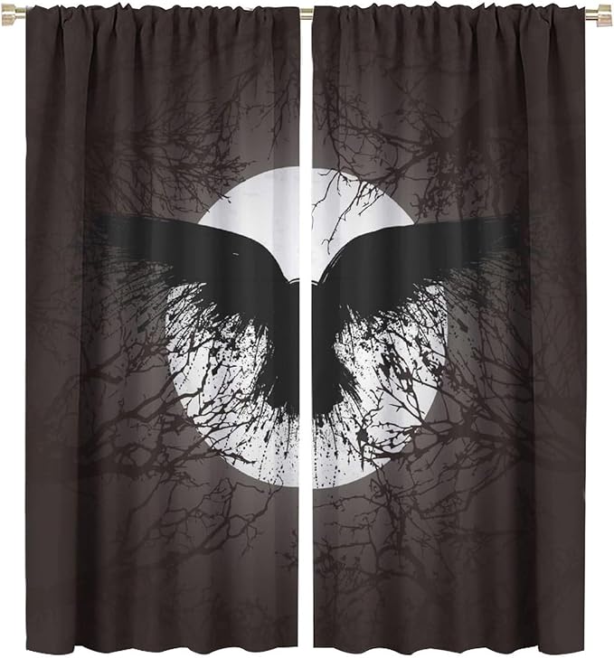 Cool Raven Print Curtains for Bedroom - Vintage Nordic Viking Theme Dead Tree Crow Full Moon Window Drapes,Energy Saving Thermal Insulated Rod Pocket Bedroom Blackout Curtains 2 Panels 63L x 27.5W