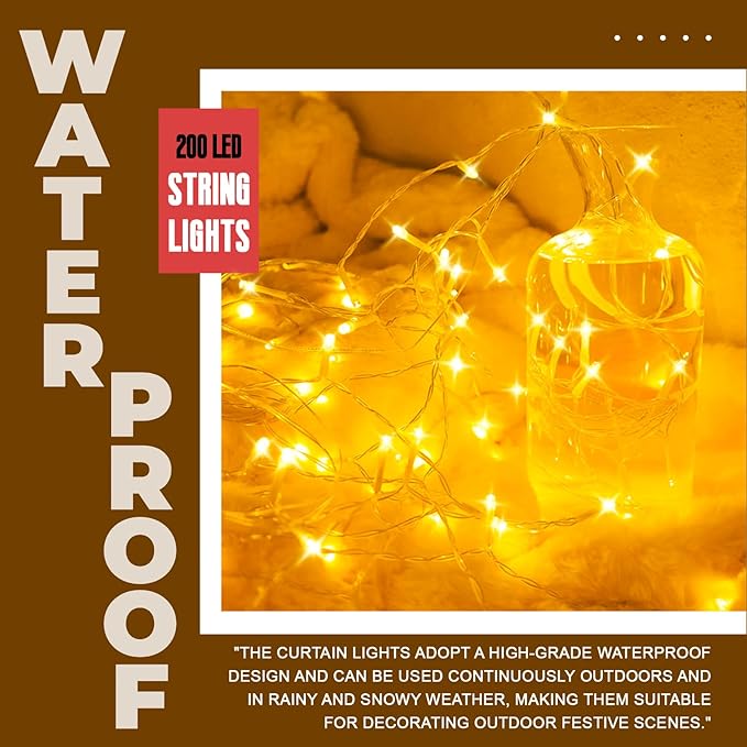 Curtain Light for Bedroom, 200LED 6.6x6.6ft Warm White Window Wall Hanging Fairy Curtain String Light, 8 Modes Remote Fairy String Lights Indoor for Wedding Party Home Garden Decorations