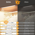 Gritin 14.7inch Under Cabinet Lighting Rechargeable - 128 LED Super Bright, 3-Color&5 Level Brightness, 4 Modes, Motion Sensor, Long Lasting-Easy Installation Magnetic Closet Lights - 2 Pack-Silver