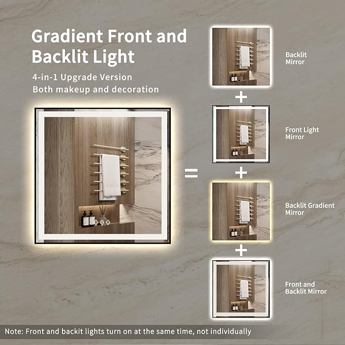 LED Mirror for Bathroom, 36x36 Inch Black Framed Gradient Front and Backlit LED Vanity Mirror, 3 Colors Dimmable CRI>90, IP54 Enhanced Anti-Fog Wall Mounted Lighted Bathroom Mirror