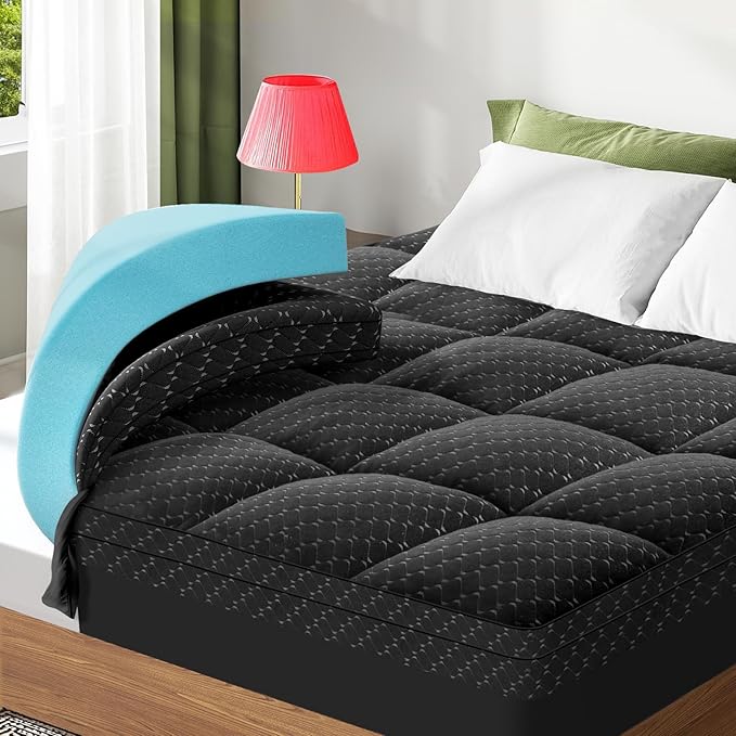 Dual Layer 3 Inch Memory Foam Mattress Topper Full Size, 2 Inch Cooling Gel Memory Foam Plus 1 Inch Pillow Top Mattress Pad Cover, with 8-21 Inch Deep Pocket, Black