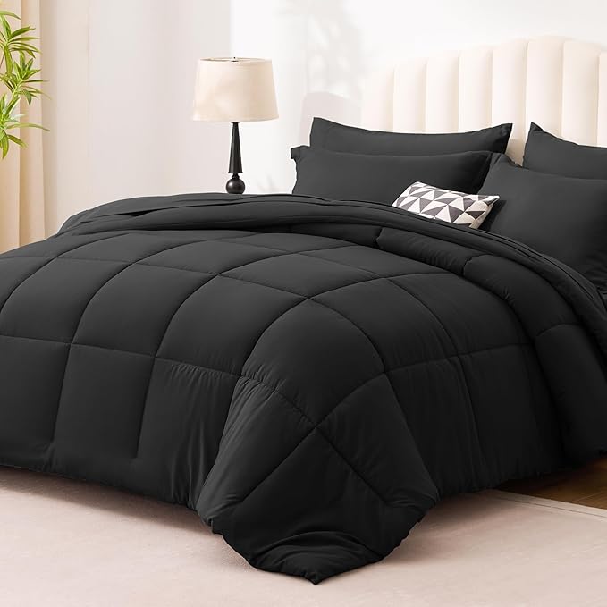 Love's cabin Full Comforter Set Ash Black, 7 Pieces Full Bed in a Bag, All Season Bedding Sets with 1 Comforter, 1 Flat Sheet, 1 Fitted Sheet, 2 Pillowcase and 2 Pillow Sham