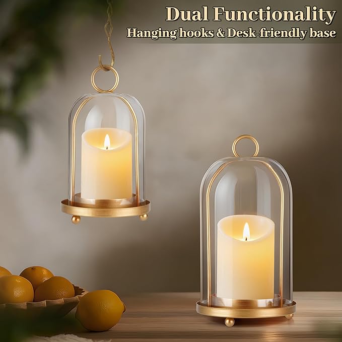 Glass Hurricane Candle Holder Decorative Gold Candle Lantern, Pillar Candlestick Holders Set of 2, Hanging Metal Holder Modern Table Centerpieces, Antique Brass